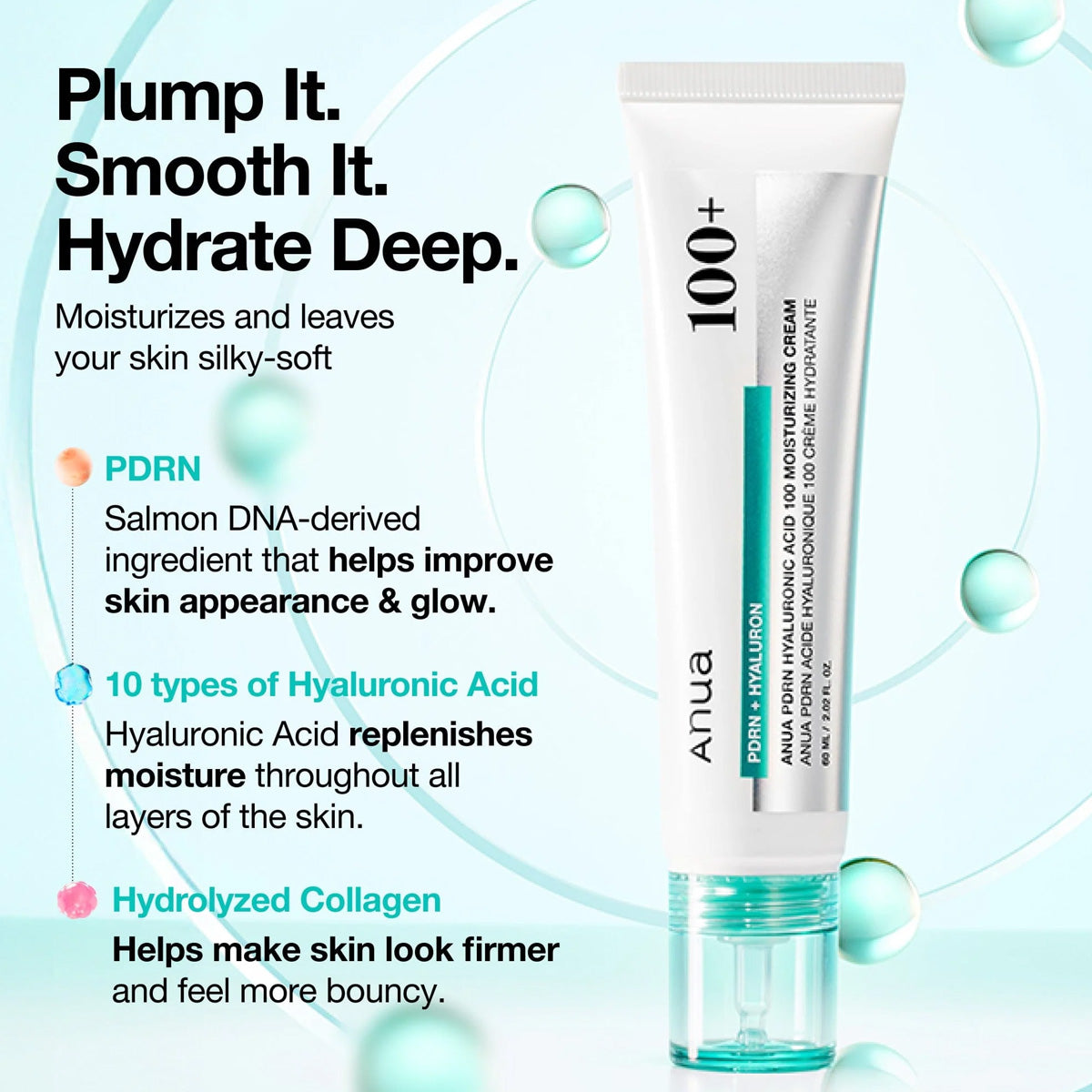 Anua 100+ skincare cream tube with product features on a light blue background