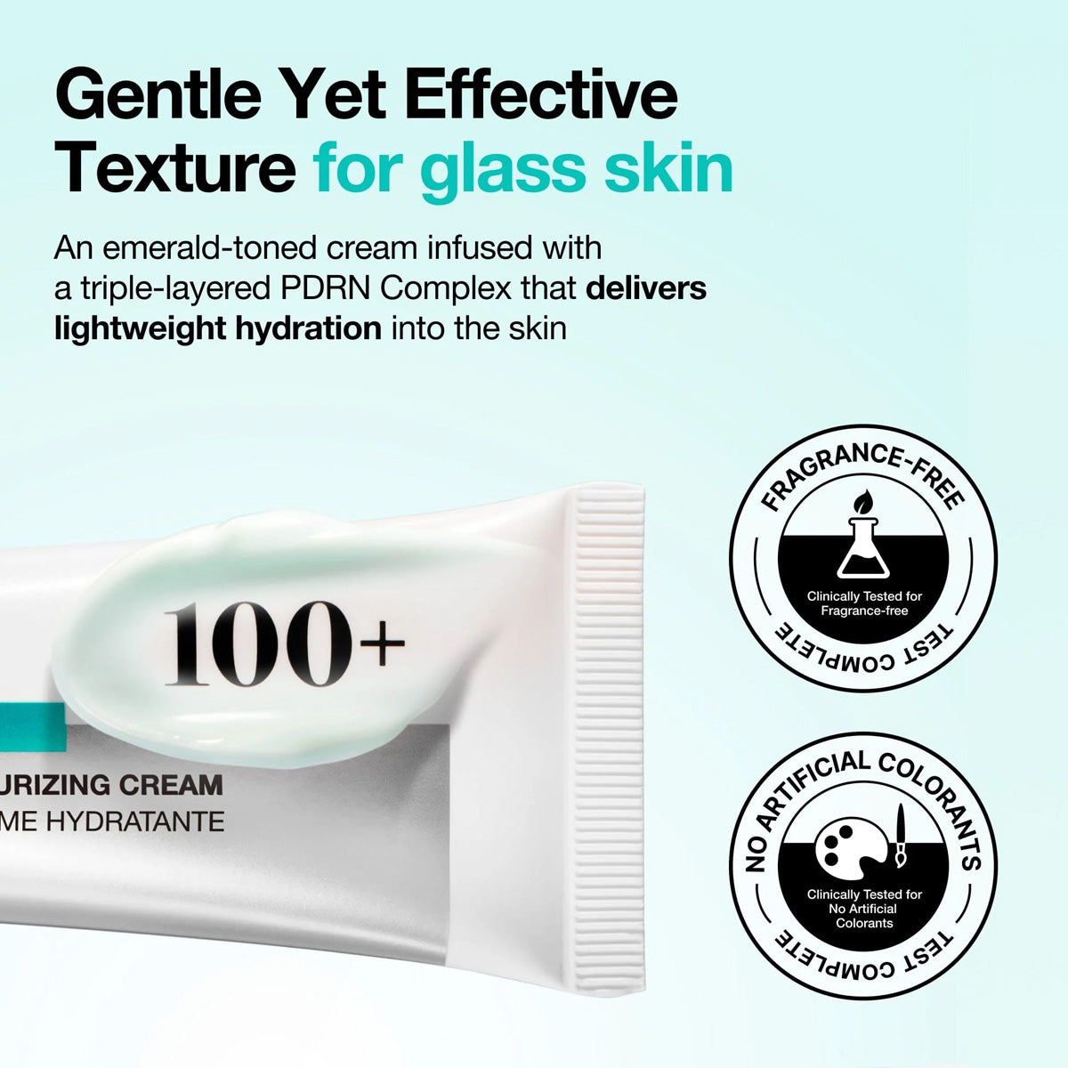 Tube of moisturizing cream with text about gentle yet effective texture and PDRN Complex on a light blue background.