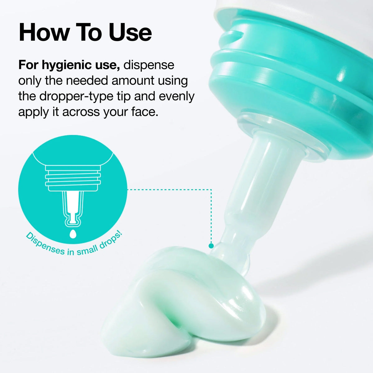 Teal dropper bottle with text on how to use it for hygienic purposes on a white background.