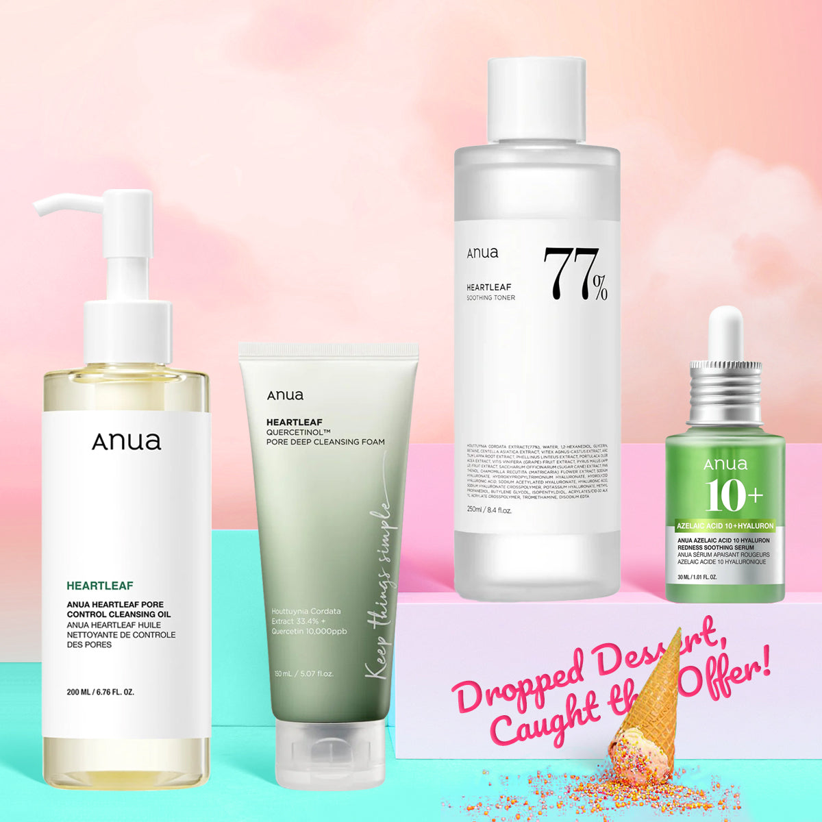 Anua skincare products on a colorful background with promotional text.