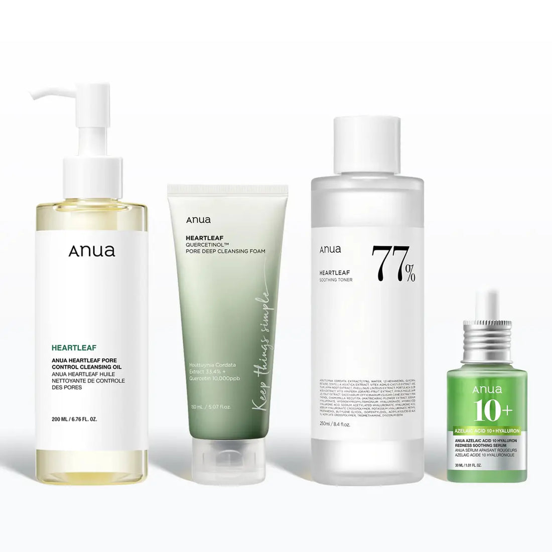 Set of Anua skincare products on a white background