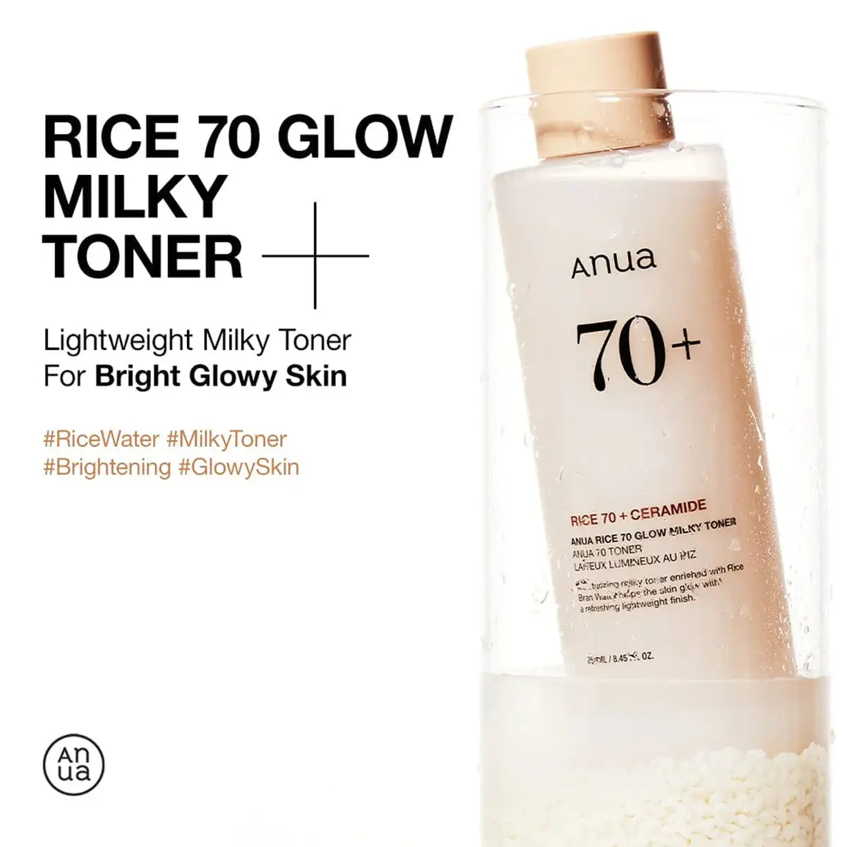 Anua Rice 70 Glow Milky Toner bottle with branding and product details on a white background