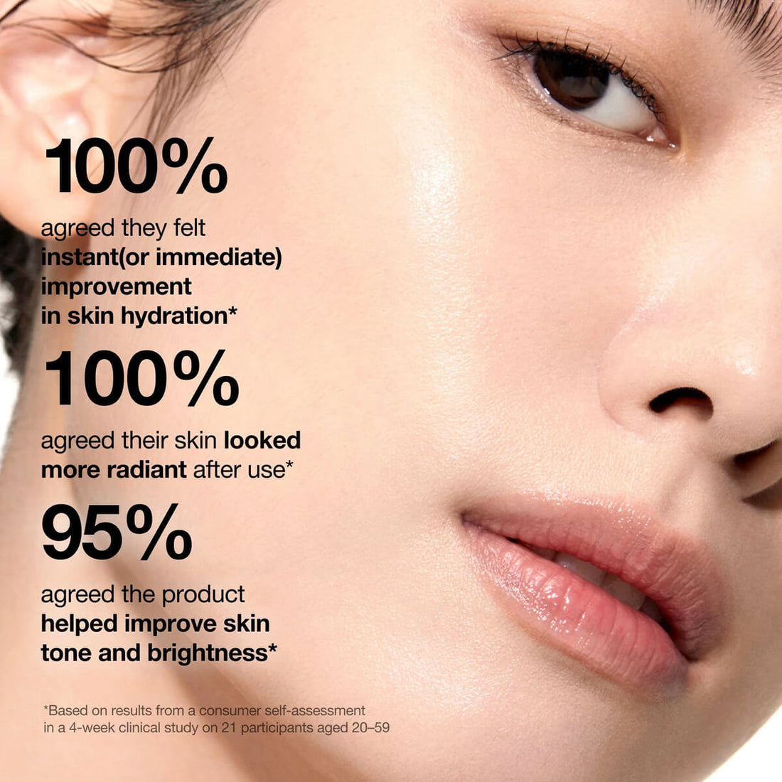 Close-up of a person's face with text highlighting skin hydration, radiance, and tone improvement.