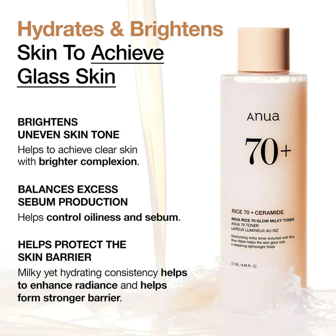 Anua skincare product with text highlighting its benefits on a white background