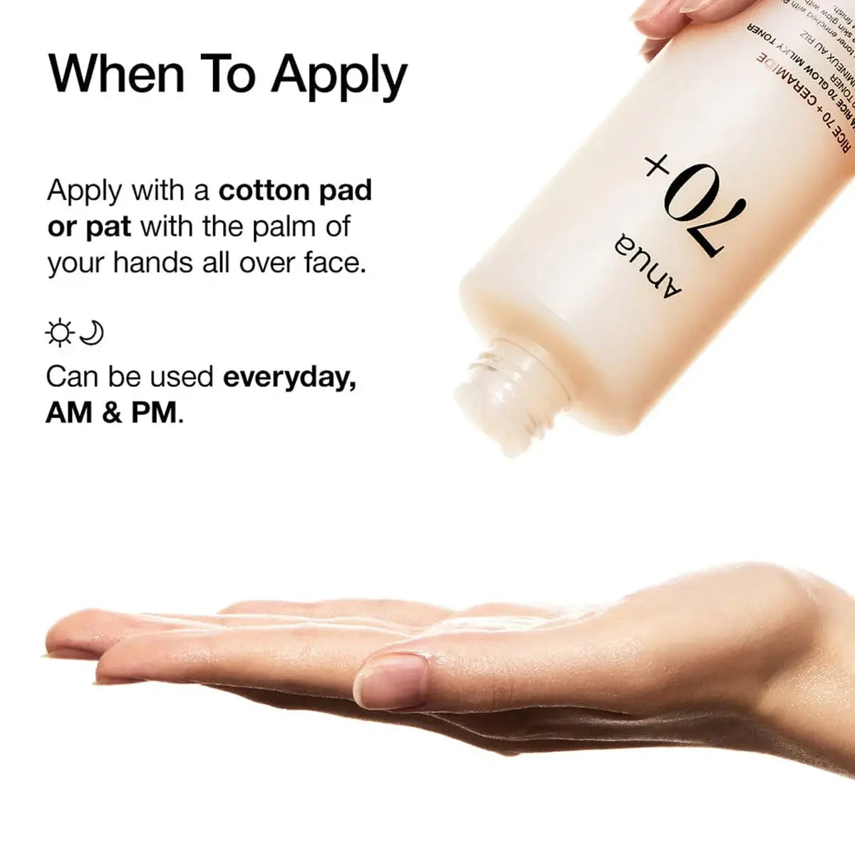 Bottle of skincare product with instructions on application and usage