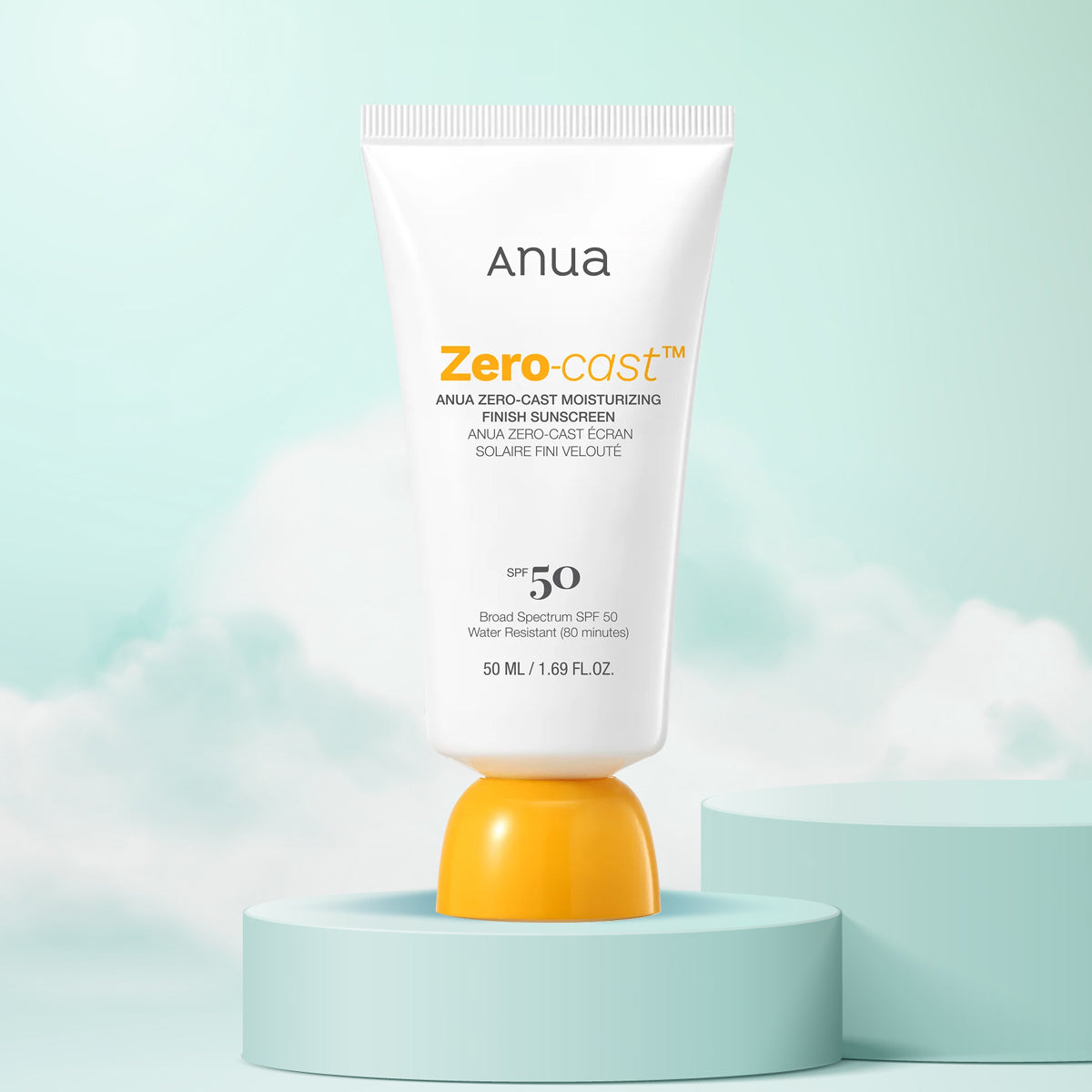 Anua Zero-Cast sunscreen tube on a light blue background