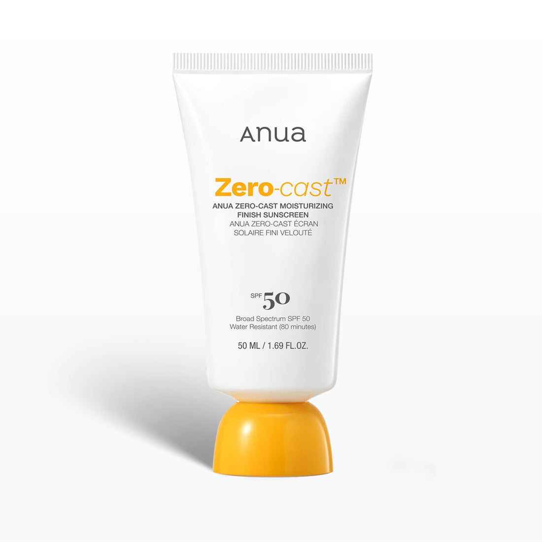 Anua Zero-Cast sunscreen tube on a white background