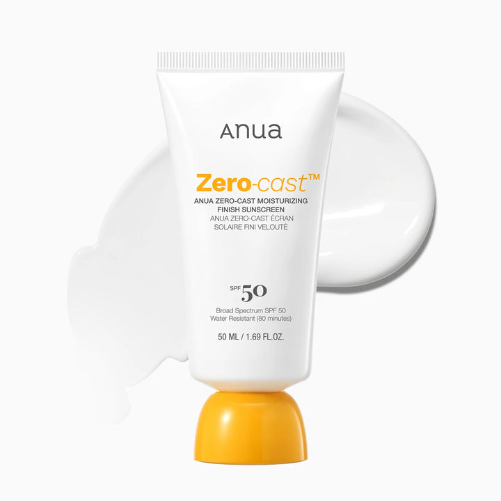 Anua Zero-Cast sunscreen bottle with pump on a white background