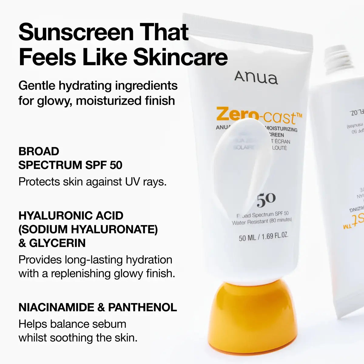 Anua sunscreen bottle with text highlighting features and benefits