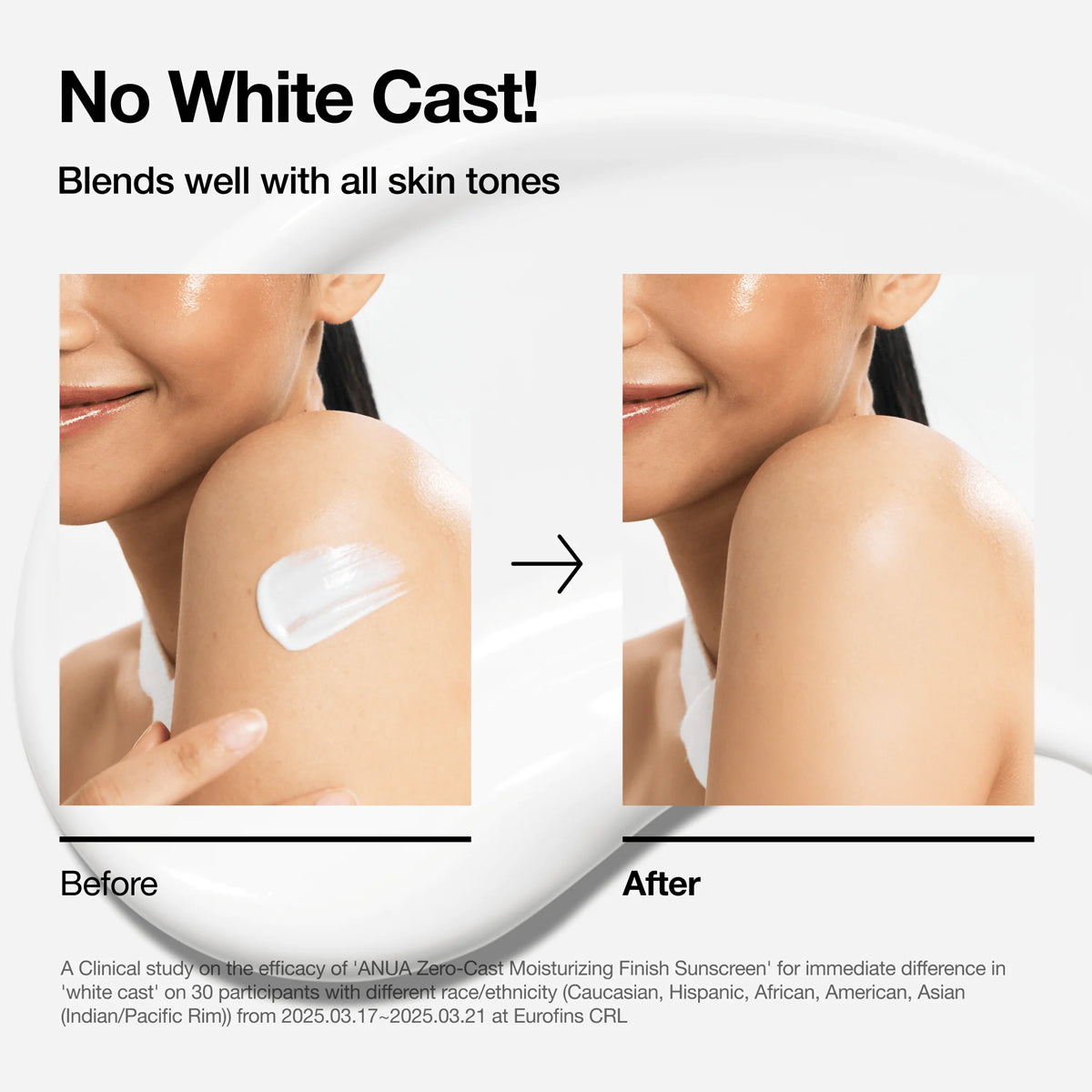 Before and after comparison of a woman's shoulder with sunscreen application, emphasizing no white cast.