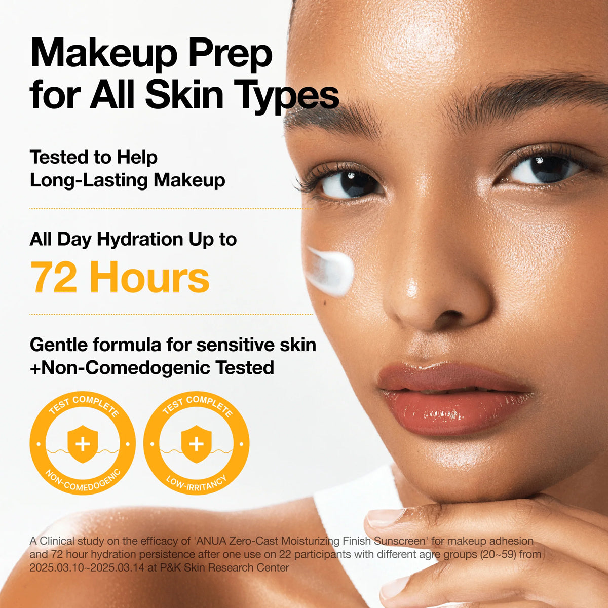 Advertisement for makeup prep product with a model's face and text about hydration and skin type suitability.