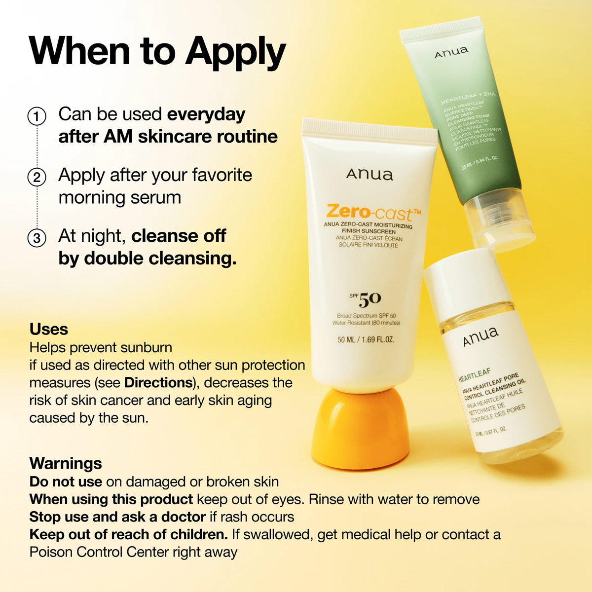 Anua skincare products with usage instructions on a yellow background