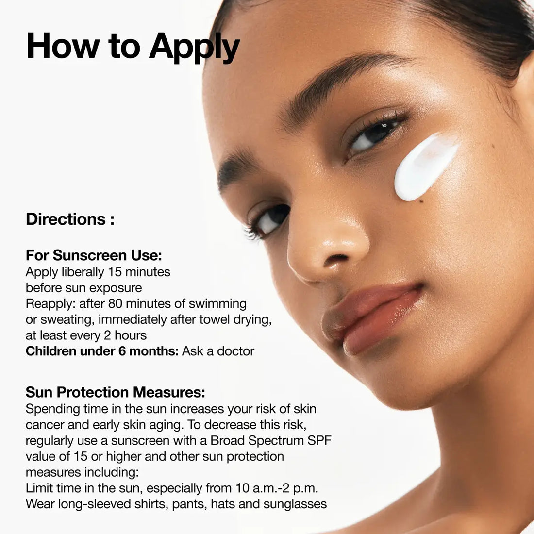 Woman applying sunscreen with text on how to use it