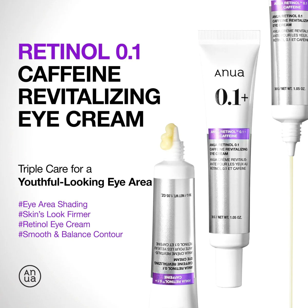 Anua Retinol 0.1 Caffeine Revitalizing Eye Cream with dropper on a white background