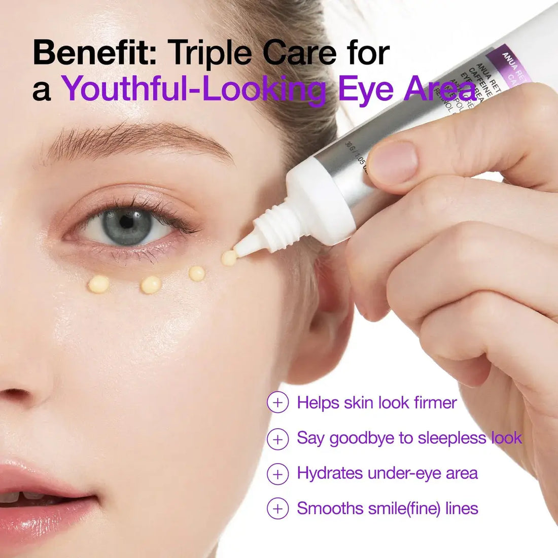 Person applying eye cream with text highlighting benefits for youthful-looking eyes.