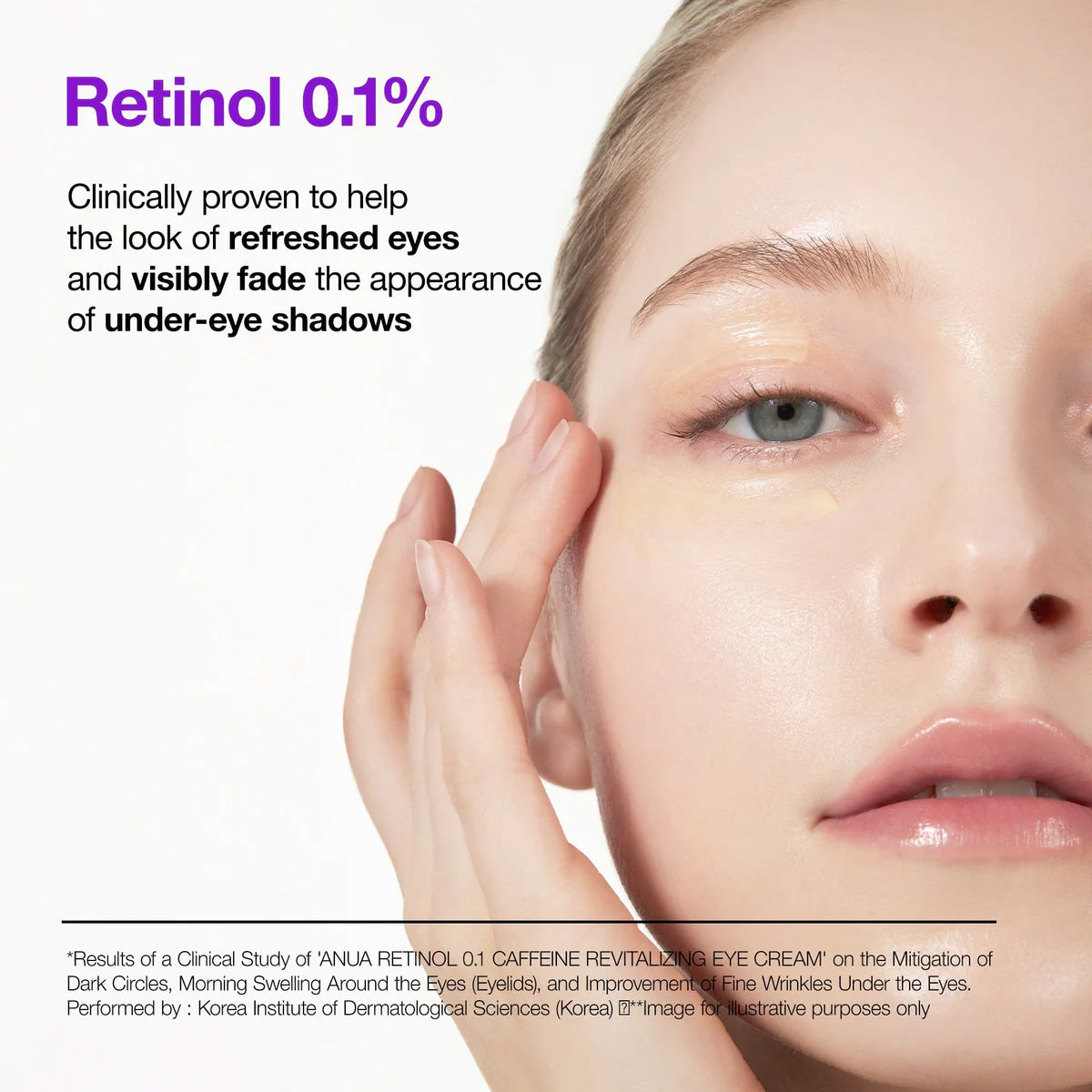 Advertisement for Retinol 0.1% eye cream with a close-up of a person's eye area.