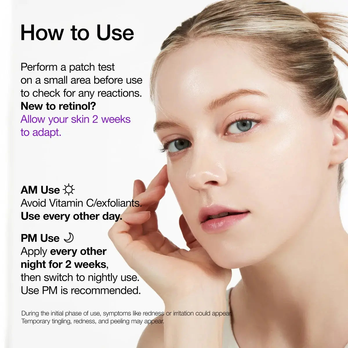 Skincare product usage guide with a model's face and text on a white background