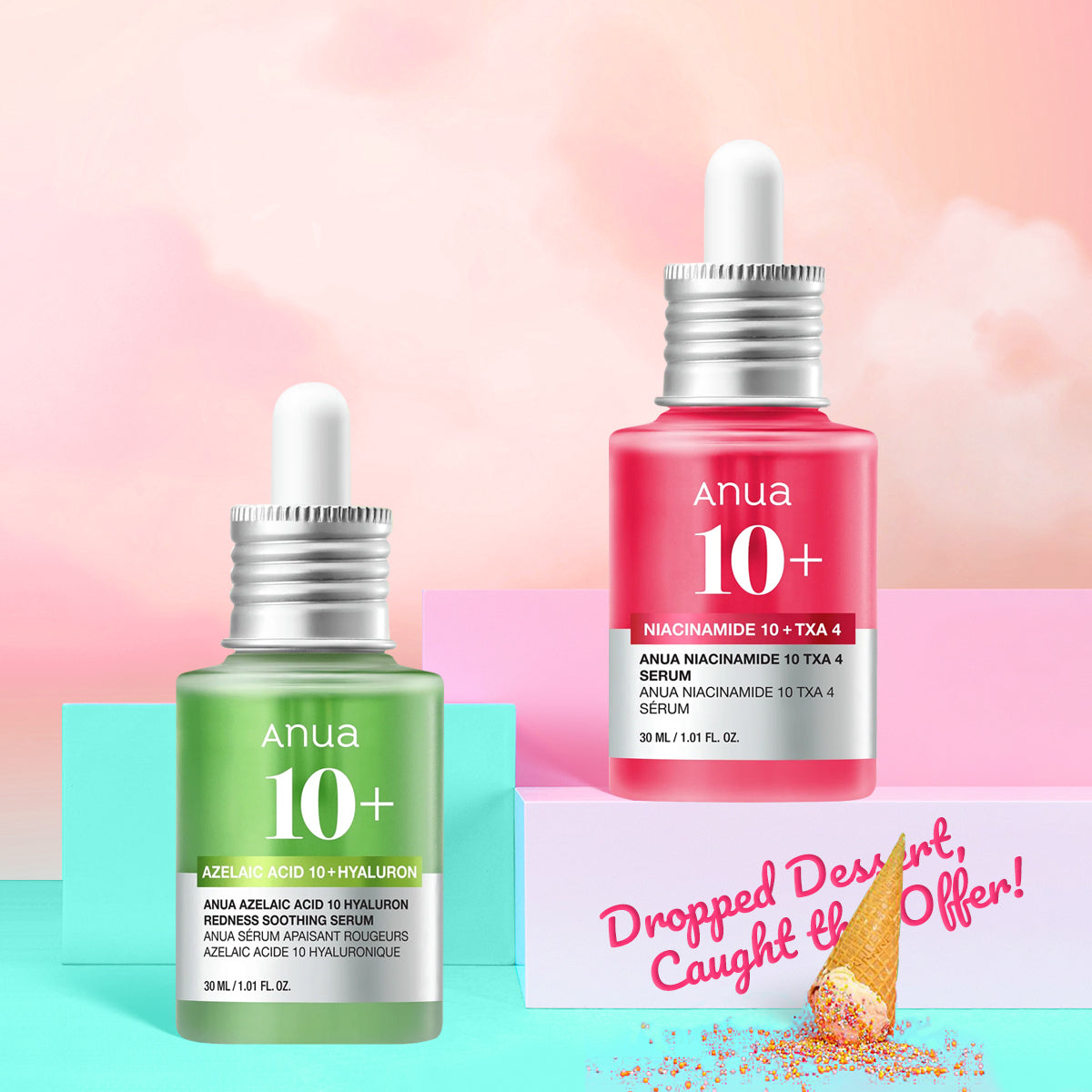 Two skincare serum bottles with 'Anua' branding on a colorful background.