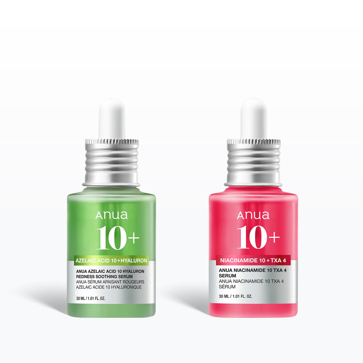 Two skincare serum bottles with 'Anua' branding on a white background.