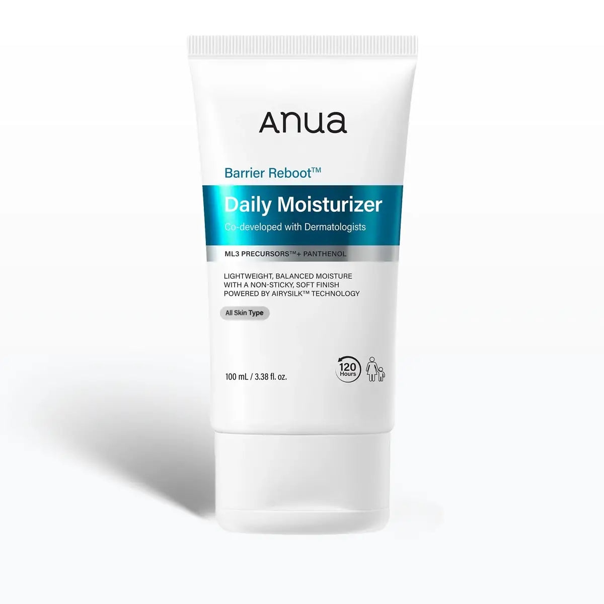 Anua Barrier Reboot Daily Moisturizer in a white squeeze tube with a blue label band, shown on a clean white background with a soft shadow.