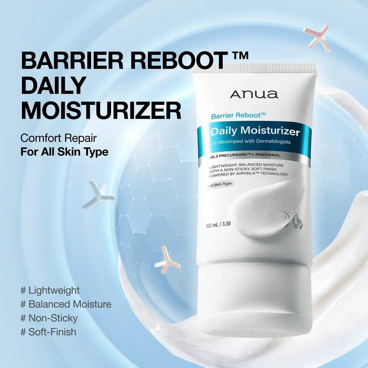 Anua Barrier Reboot Daily Moisturizer 100 ml tube shown on a light blue graphic background with text reading 'BARRIER REBOOT DAILY MOISTURIZER' and product benefits listed on the left.