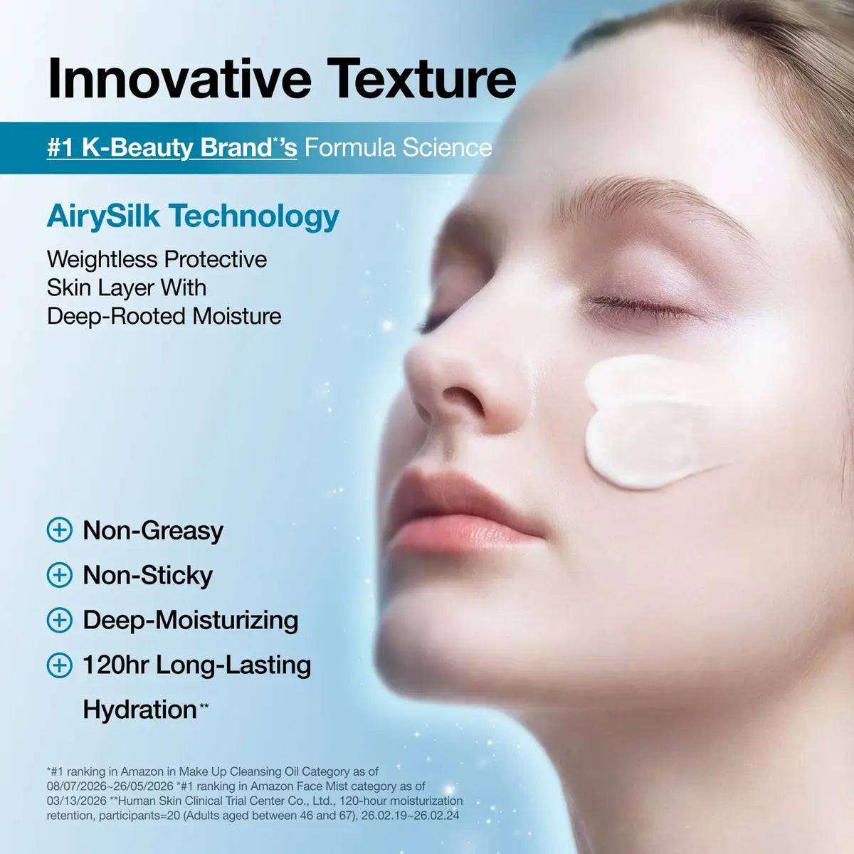 Beauty promotional graphic with a close-up of a woman's face showing a white cream patch on her cheek, alongside text about 'Innovative Texture', 'AirySilk Technology', and product benefits on a light blue background.