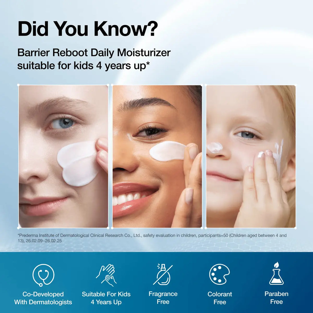 Promotional graphic for Barrier Reboot Intensive Cream, featuring three close-up panels of children applying or wearing white patch-like cream products on their faces. Large headline text at the top reads 'Did You Know? Barrier Reboot Intensive Cream suitable for kids 5 years up*', with a blue footer containing feature icons such as 'Co-Developed With Dermatologists', 'Suitable For Kids 5 Years Up', 'Fragrance Free', 'Colorant Free', and 'Paraben Free'.