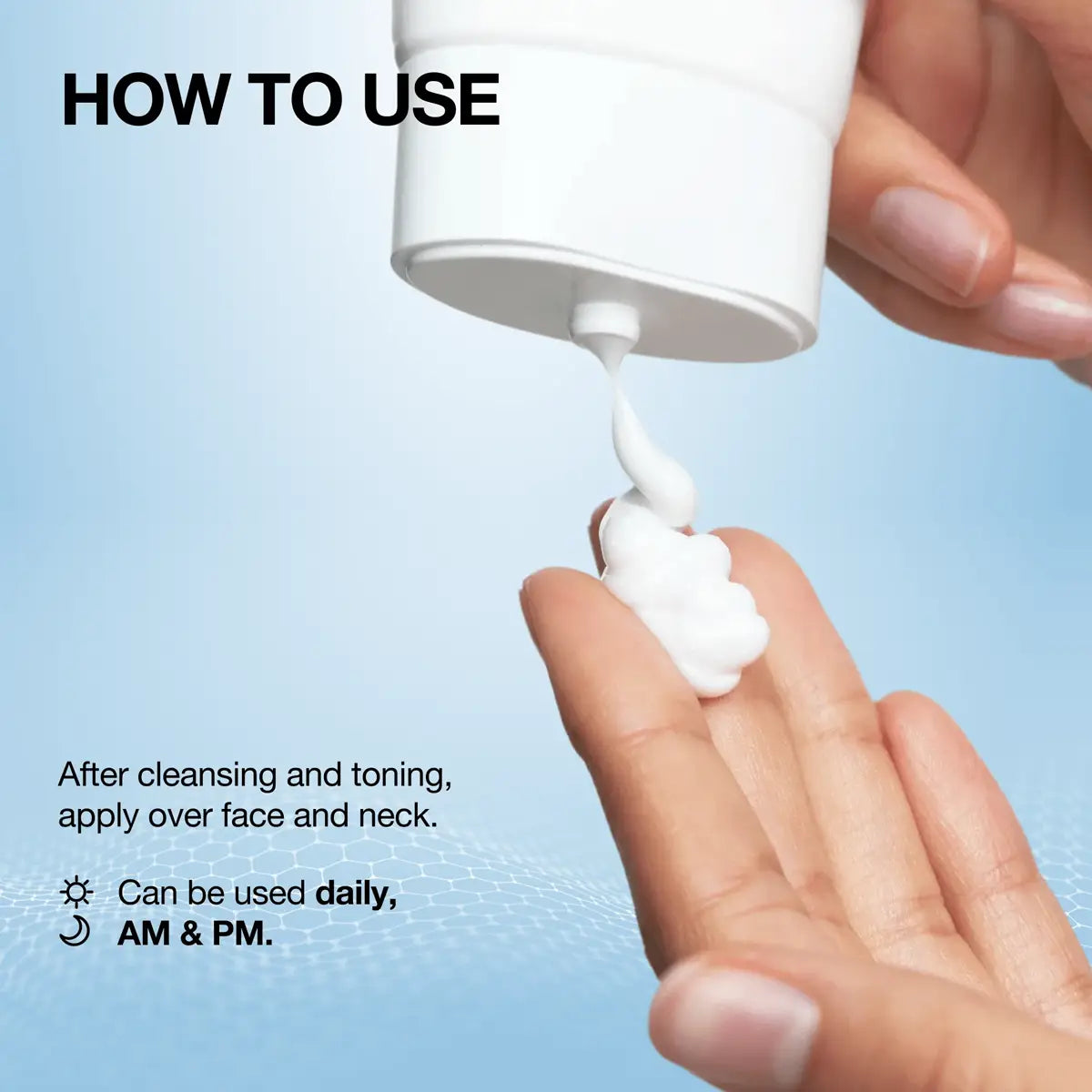 A hand holding a white pump bottle while dispensing white cream onto the back of another hand, with text reading HOW TO USE and usage instructions on a light blue background.