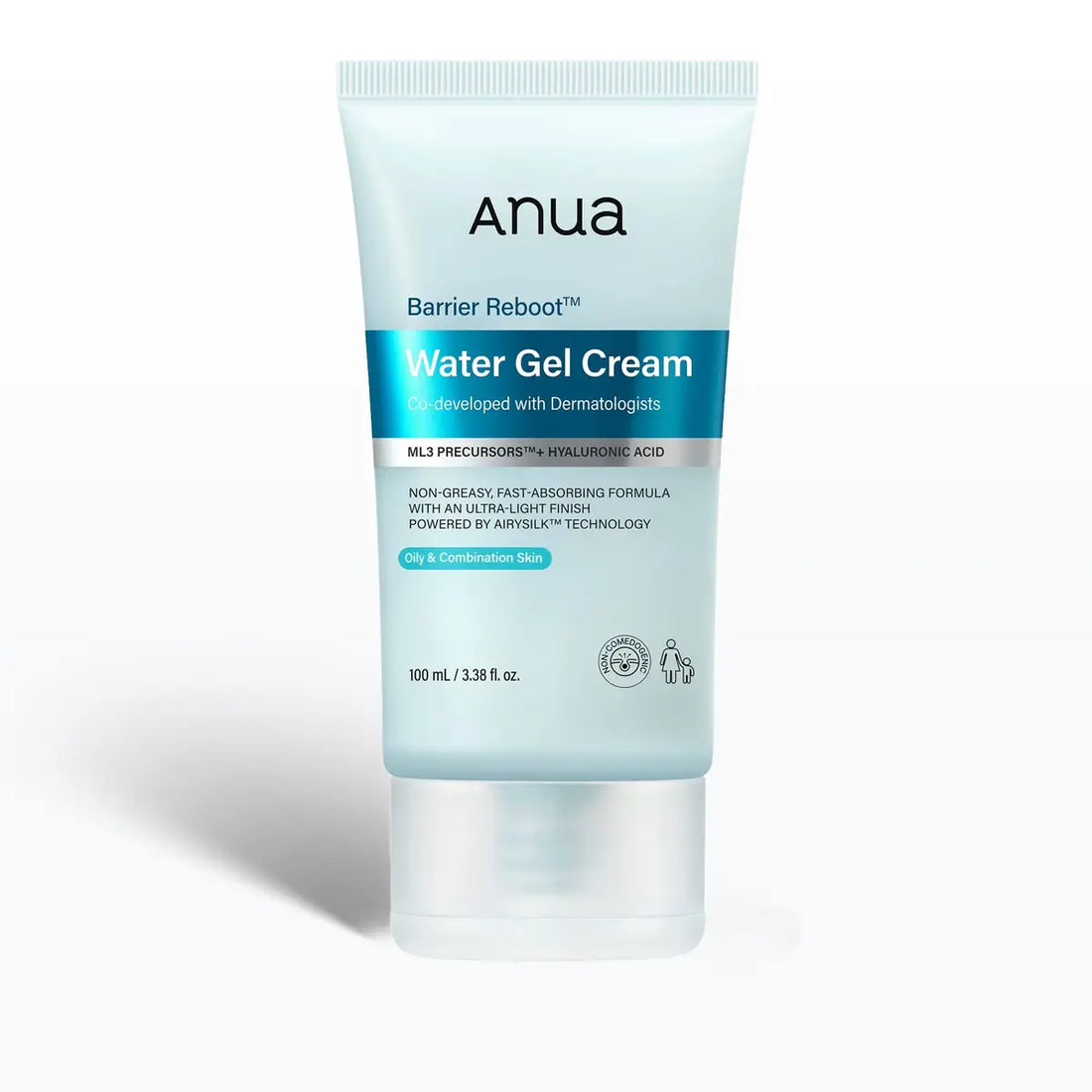 Anua Barrier Reboot Water Gel Cream in a light blue squeeze tube with a clear cap, shown on a white background with a soft shadow.