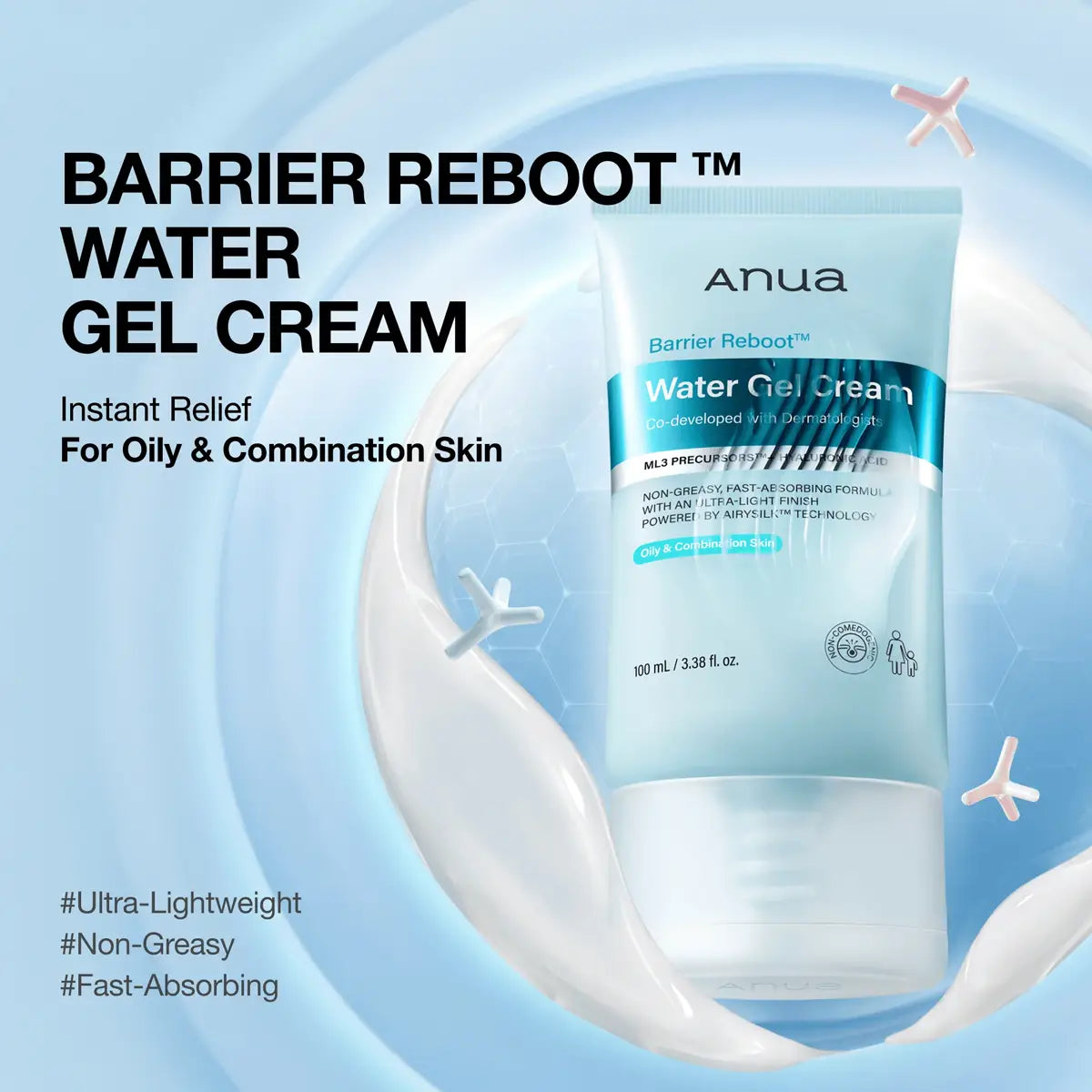 Anua Barrier Reboot Water Gel Cream packaging on a light blue background