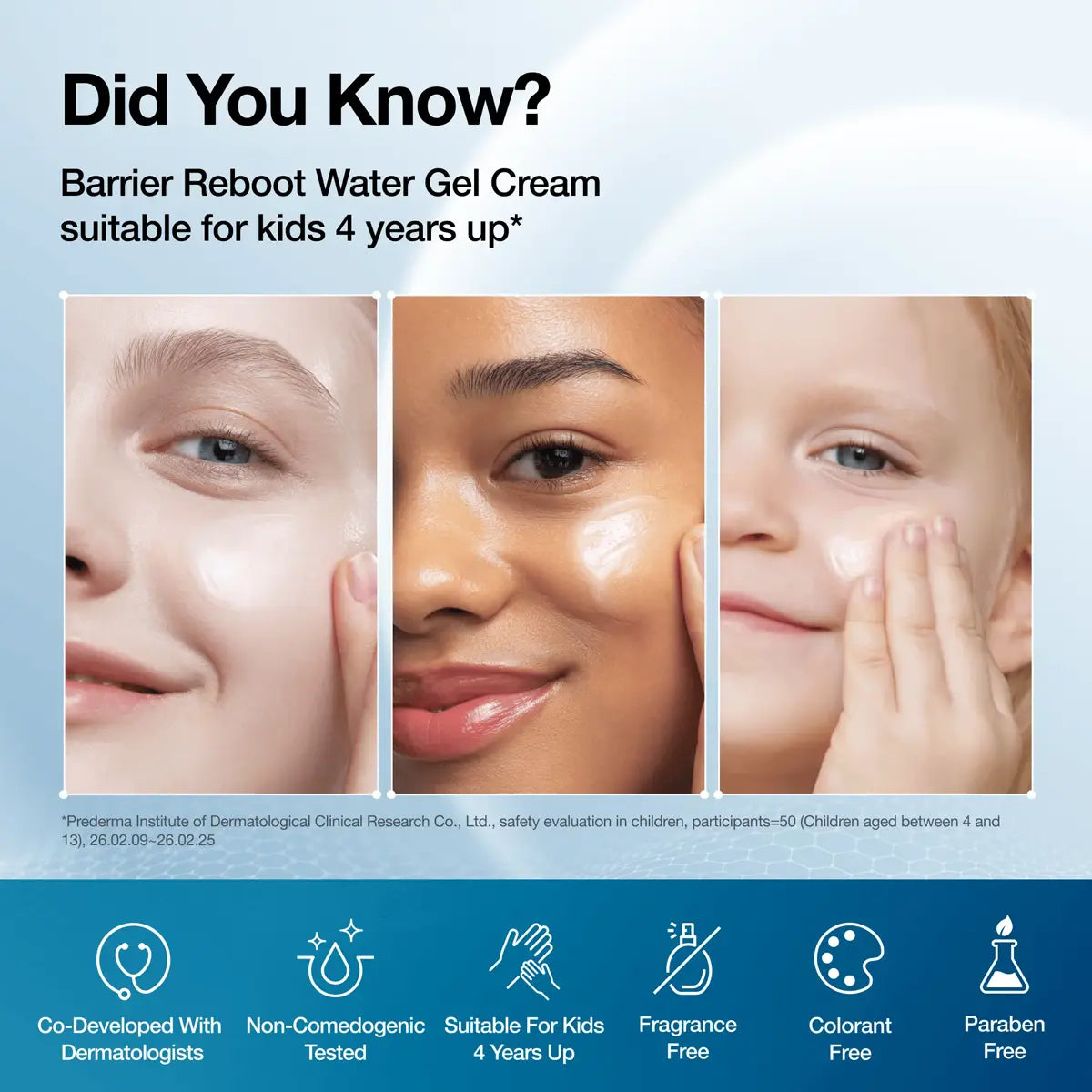 Promotional graphic for Barrier Reboot Water Gel Cream, featuring three close-up facial photos of children demonstrating smooth, hydrated skin, with text stating it is suitable for kids 4 years up. A dark blue footer shows product benefits and icons.