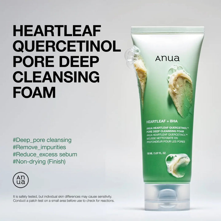 Anua Heartleaf Quercetinol Pore Deep Cleansing Foam on a gray background