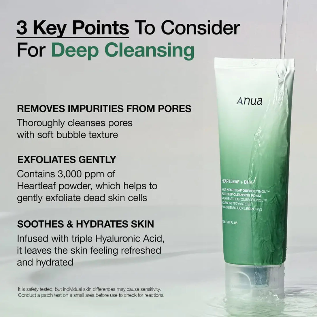 Green skincare product with text on key points for deep cleansing on a gray background