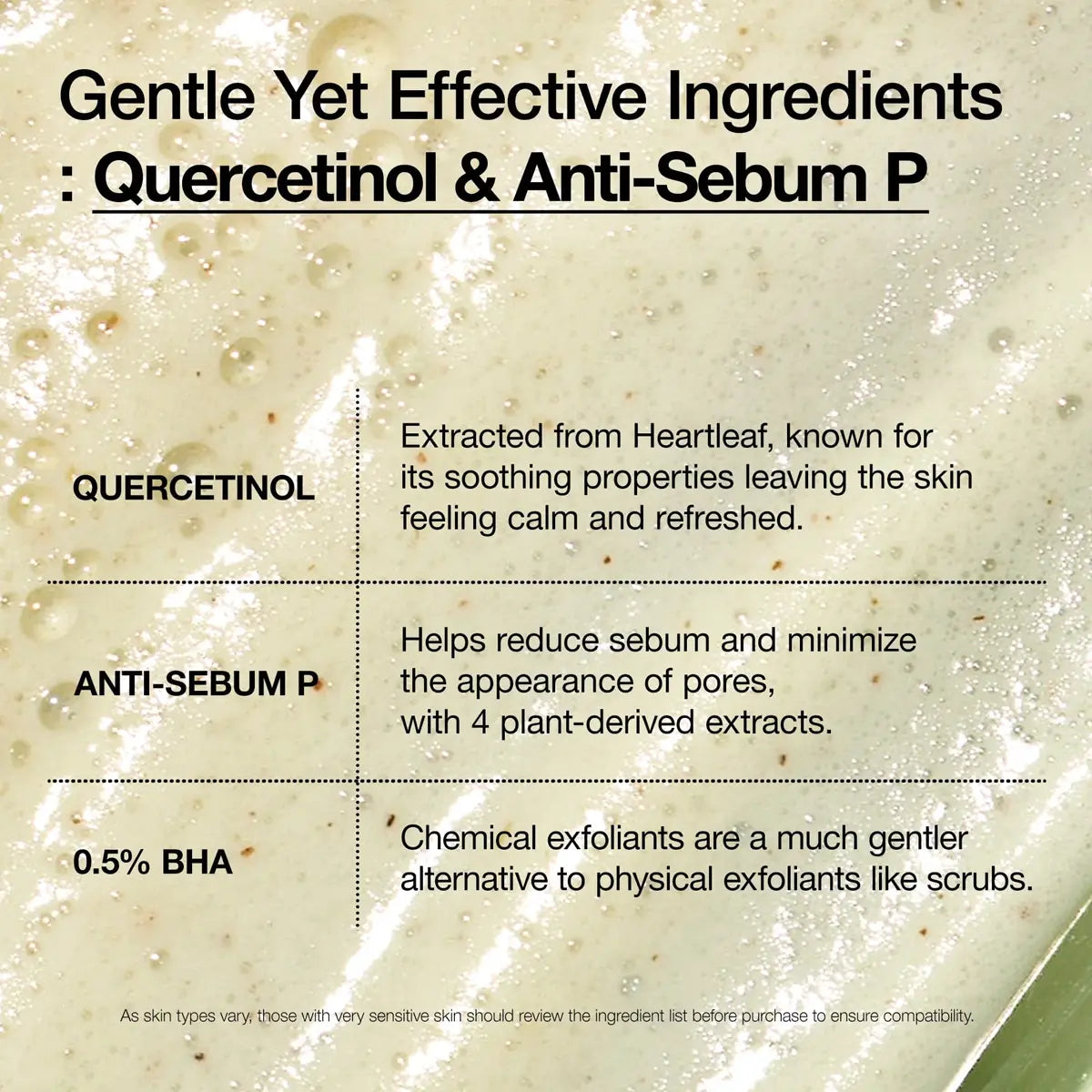 Product label with ingredients Quercetinol, Anti-Sebum P, and 0.5% BHA on a textured beige background.