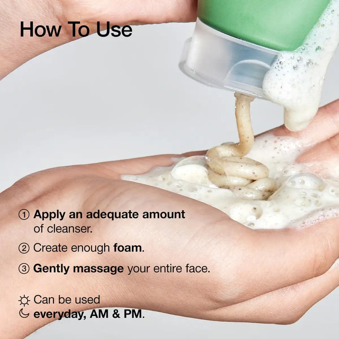 Hand using a green bottle to apply foam cleanser with text on how to use it.