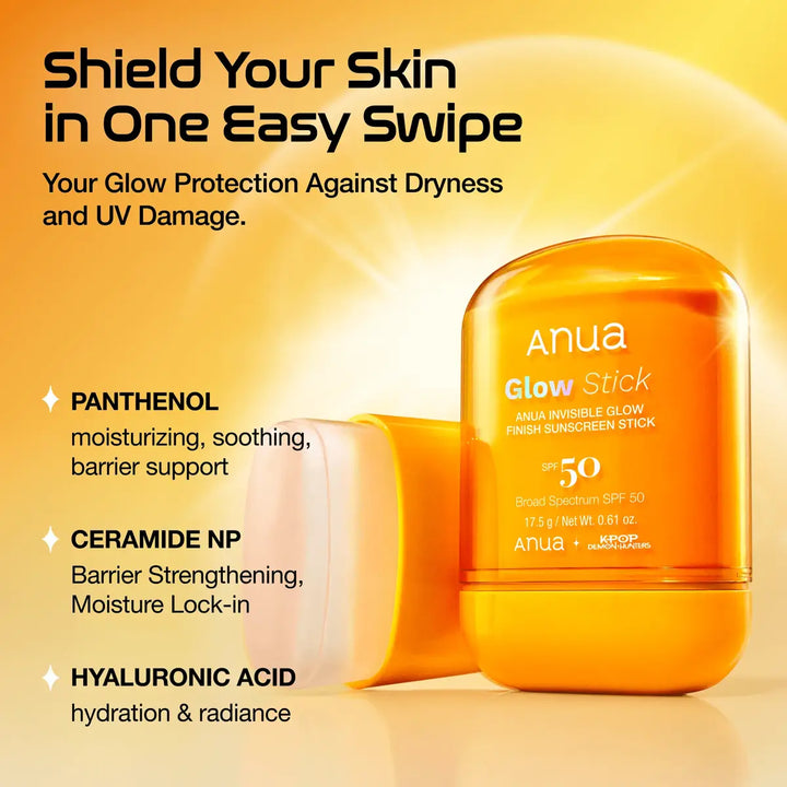 Anua Glow Stick sunscreen stick with ingredients listed on a yellow background