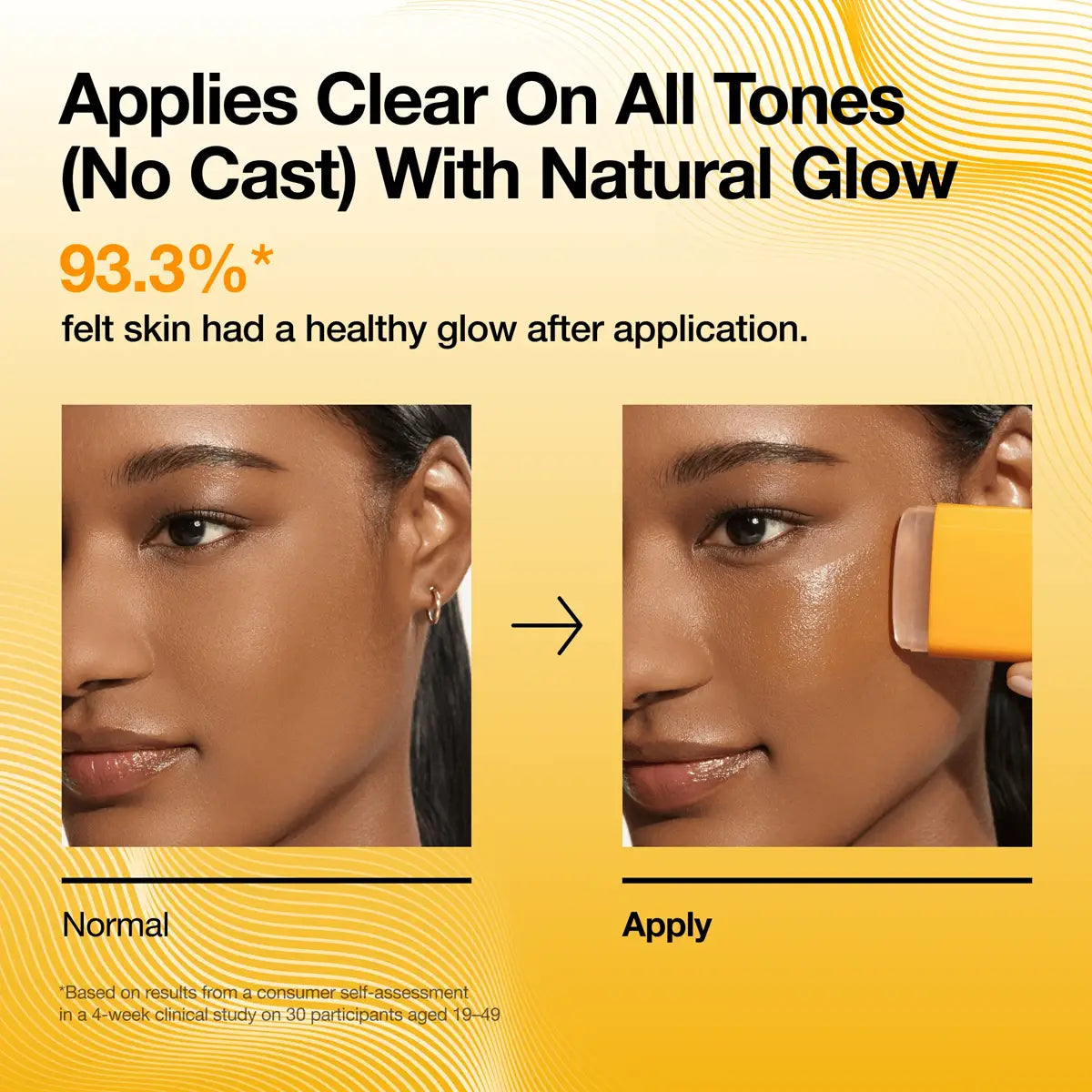 Advertisement showing a before-and-after comparison of skin with a product, highlighting natural glow and clear application on all skin tones.