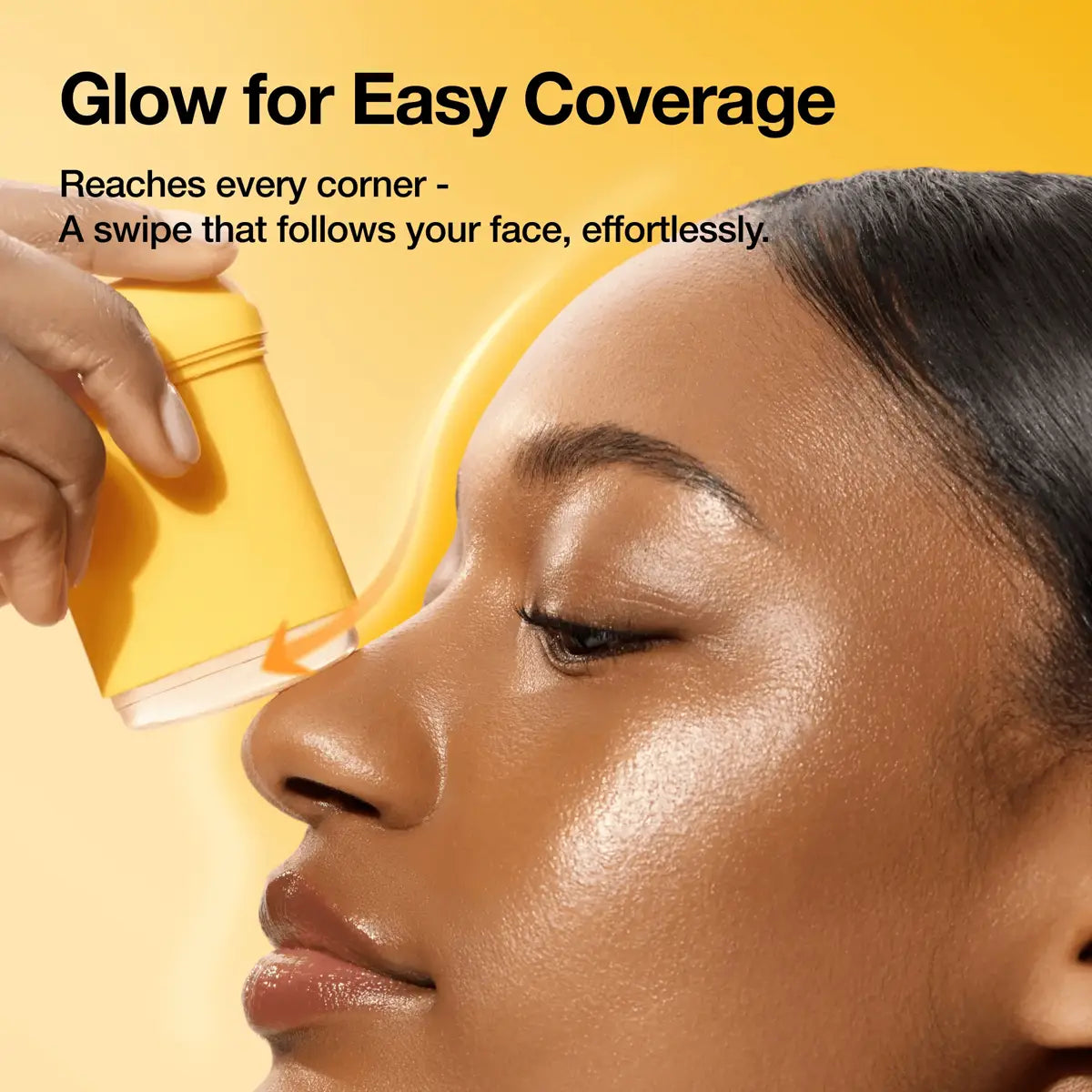 Woman applying a yellow cosmetic product to her face with text about easy coverage.
