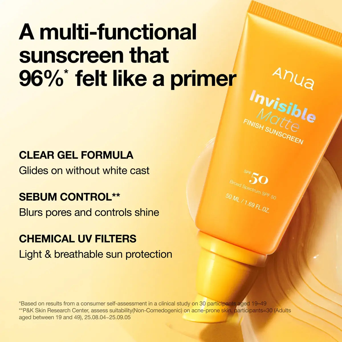 Anua Invisible Matte Finish Sunscreen tube with product features on a yellow background