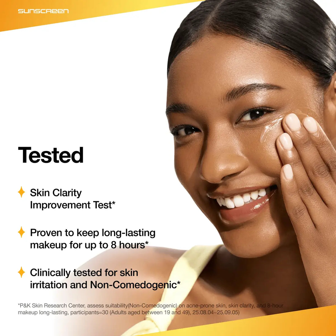Woman applying sunscreen with text about product benefits on a white background
