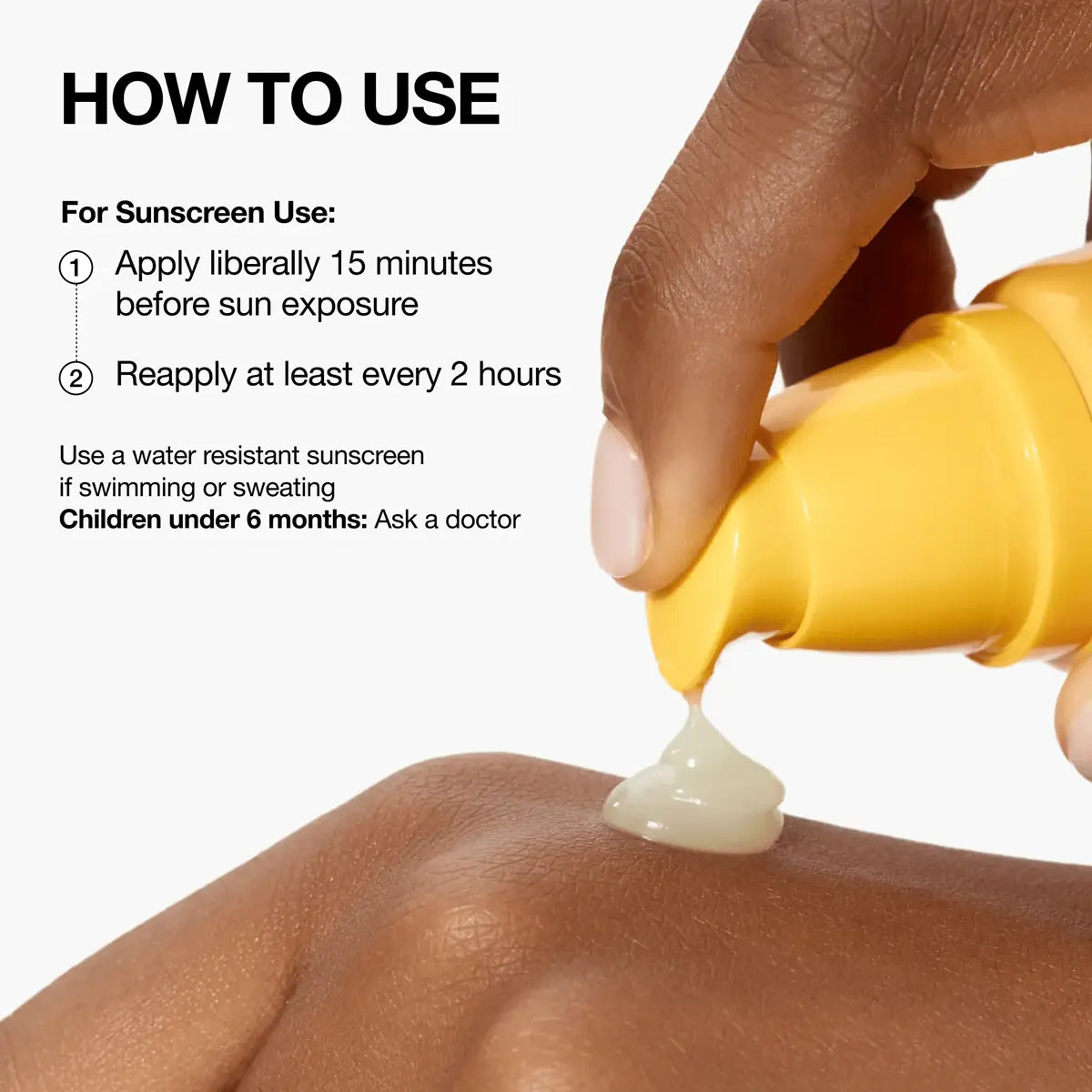 Sunscreen application with text on how to use sunscreen