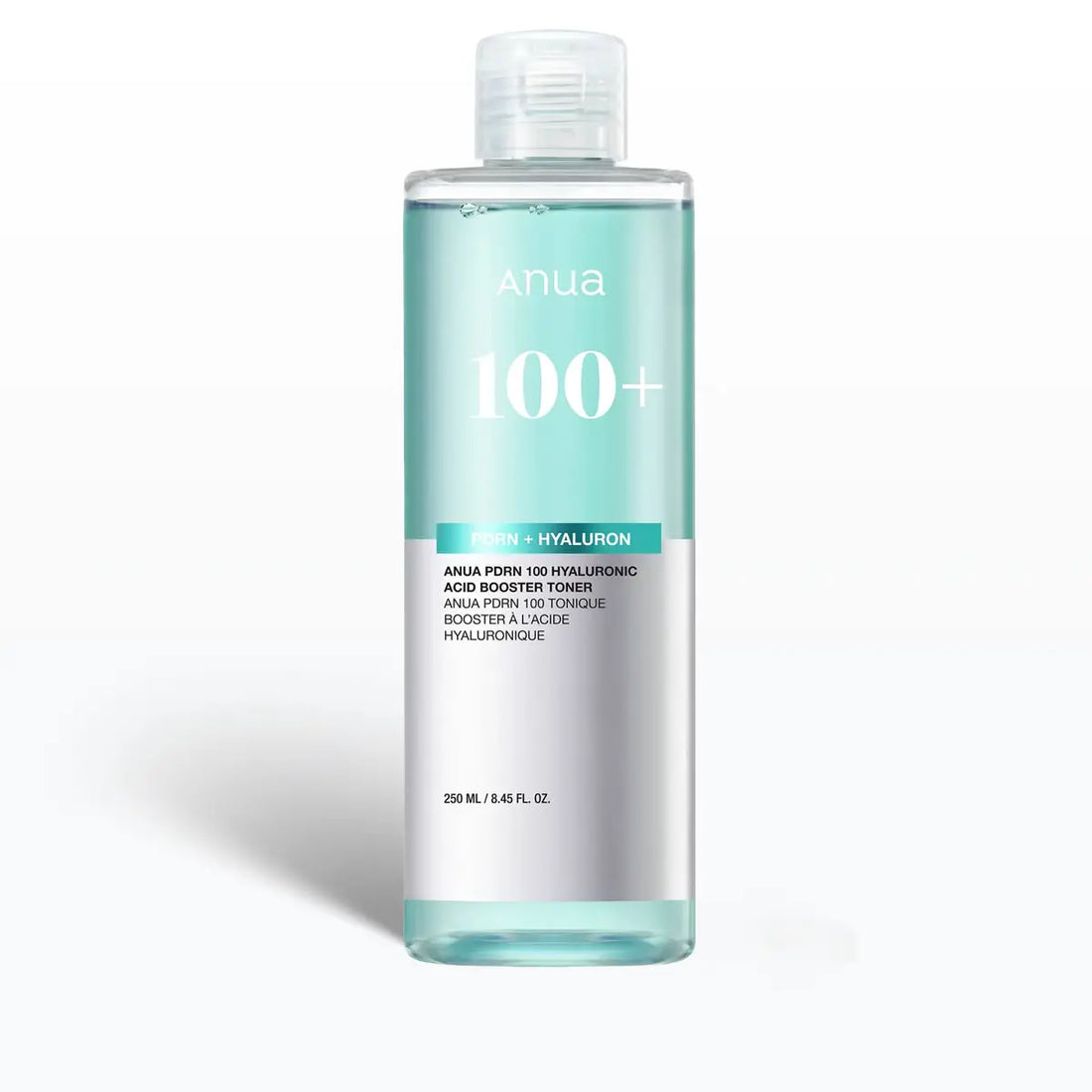 A 250 mL clear plastic bottle of Anua 100+ Hyaluronic Acid Booster Toner with a translucent cap, filled with a light aqua liquid, set against a clean white background.