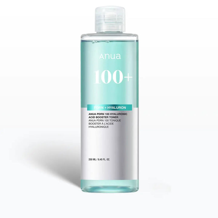 A 250 mL clear plastic bottle of Anua 100+ Hyaluronic Acid Booster Toner with a translucent cap, filled with a light aqua liquid, set against a clean white background.