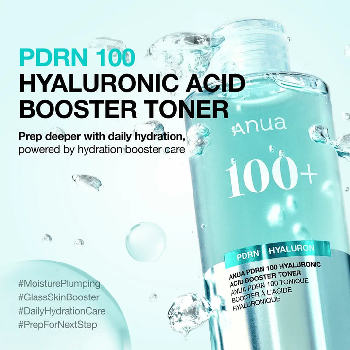 Anua PDRN 100 Hyaluronic Acid Booster Toner bottle shown in a clean studio-style graphic with water droplets and large promotional text on a pale aqua background.