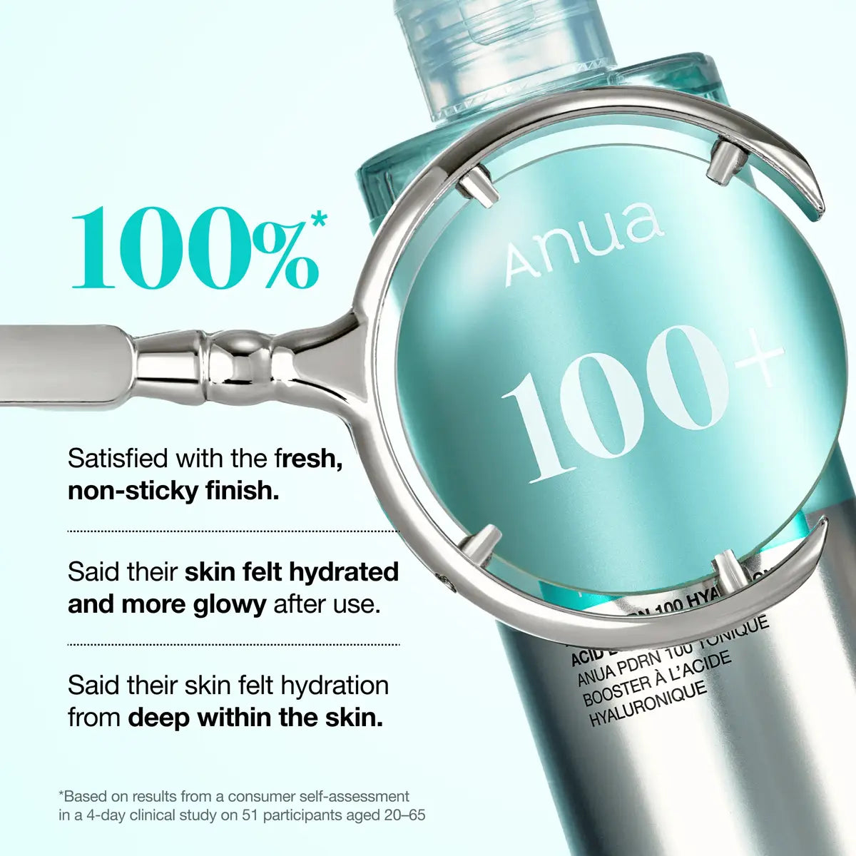 Anua skincare product with a magnifying glass highlighting '100%' on a white background