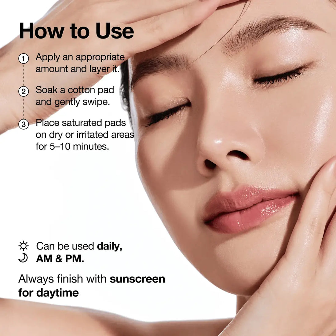 Cosmetic product use instructions with a close-up of a woman's face.