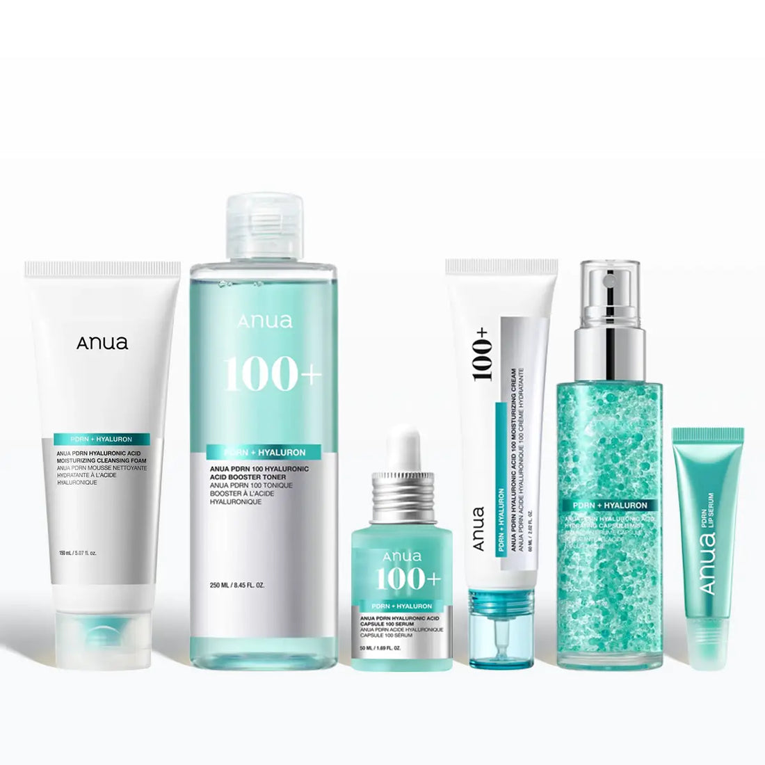 Anua PDRN 6-Step Glass Glow Essential Bundle with cleansing foam, booster toner, capsule serum, moisturizing cream, hydrating mist and lip serum UAE