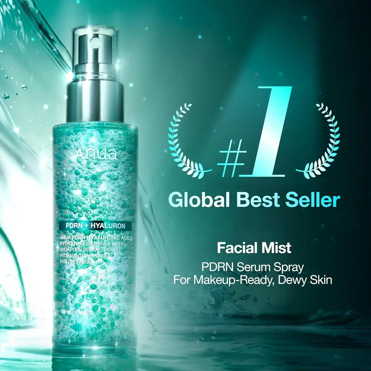 Facial mist spray bottle with '#1 Global Best Seller' label on a dark background