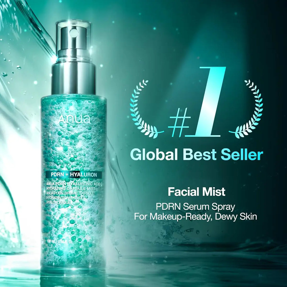 Facial mist spray bottle with '#1 Global Best Seller' label on a dark background