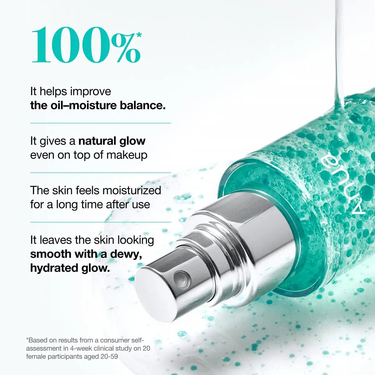 Cosmetic bottle with text highlighting benefits on a light background